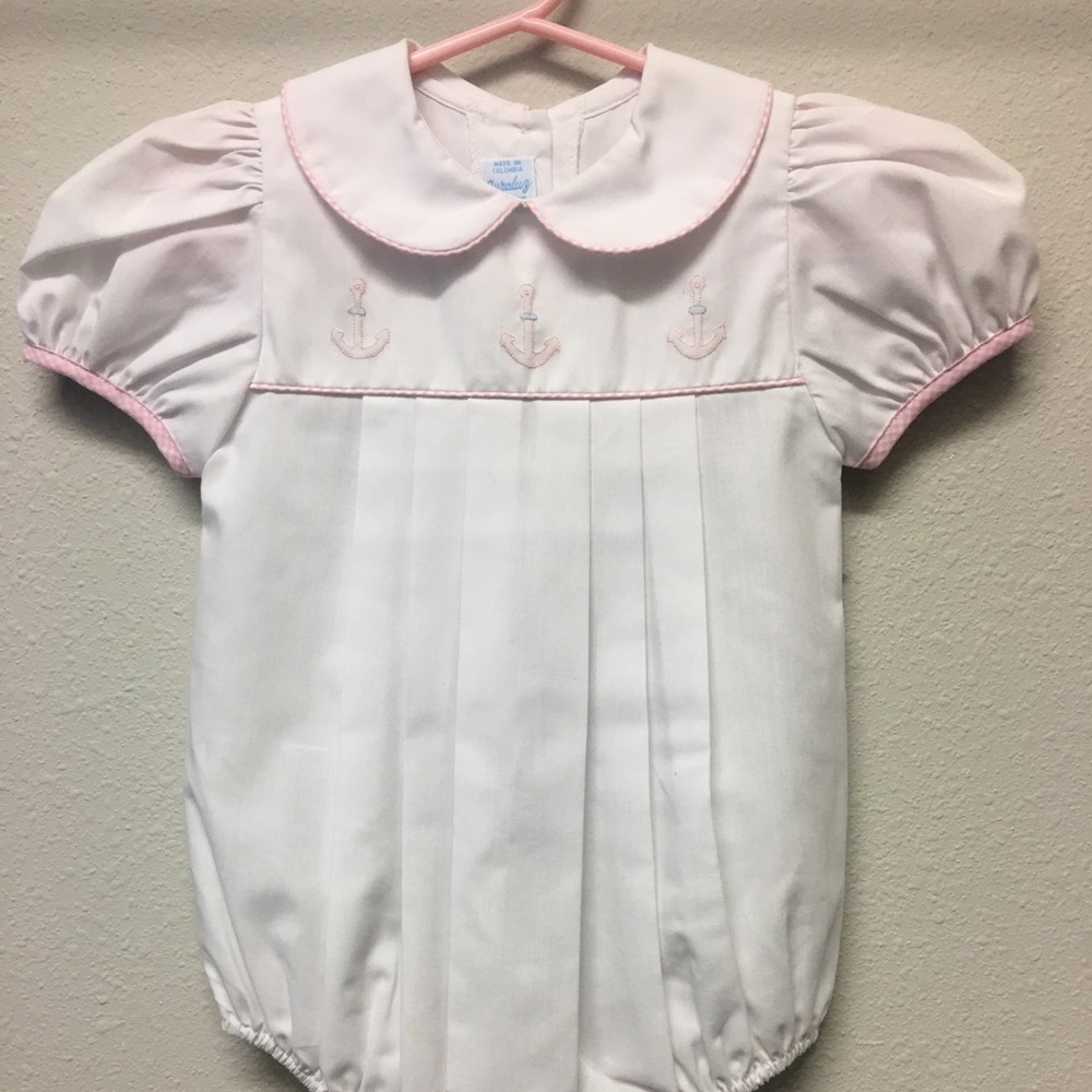 Auraluz White Bubble Onesie With Embroidered Pink Anchors, 6 months